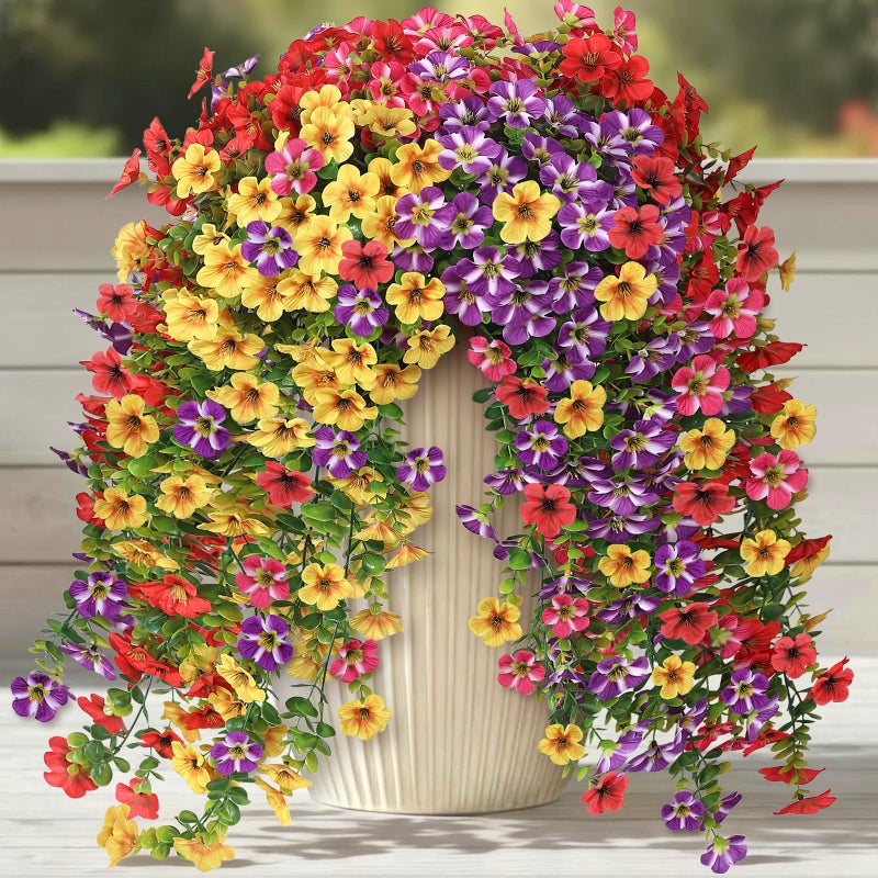 VIERENA 4 Bundles Artificial Hanging Morning Glory Flowers for Outdoor, Realistic Hanging Flowers Silk Fake Morning Glory with Faux Eucalyptus for Yard Garden Porch Patio Balcony Home Decor (Mixed Color) - Image 1