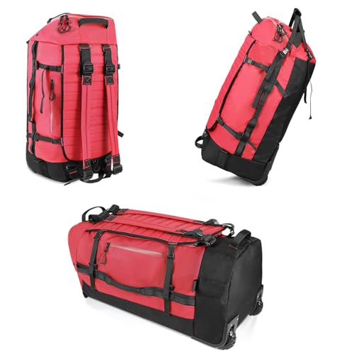 Vomgomfom 86L Foldable Duffle Bag with Wheels - Waterproof Rolling Travel Bag, Collapsible Luggage No Telescopic Handle, for Men Women Camping Sports Weekend Trips，Red - Image 1
