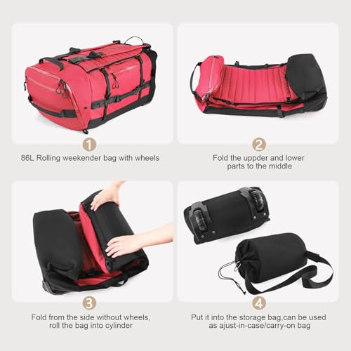 Vomgomfom 86L Foldable Duffle Bag with Wheels - Waterproof Rolling Travel Bag, Collapsible Luggage No Telescopic Handle, for Men Women Camping Sports Weekend Trips，Red - Image 5