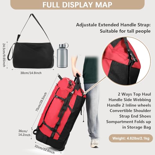 Vomgomfom 86L Foldable Duffle Bag with Wheels - Waterproof Rolling Travel Bag, Collapsible Luggage No Telescopic Handle, for Men Women Camping Sports Weekend Trips，Red - Image 4