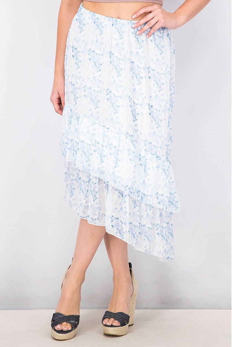 Mohito Women Floral Print Ruffle Midi Skirt, Blue - Image 1