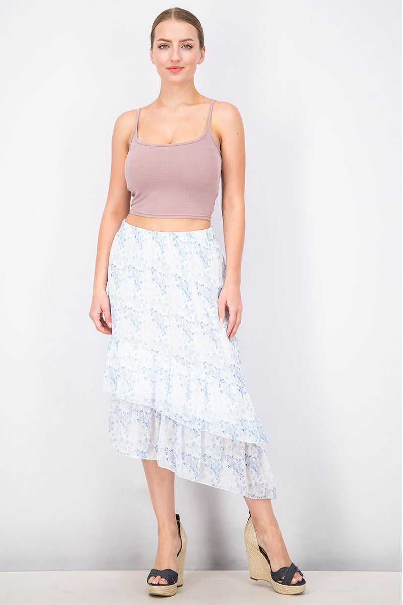Mohito Women Floral Print Ruffle Midi Skirt, Blue - Image 3