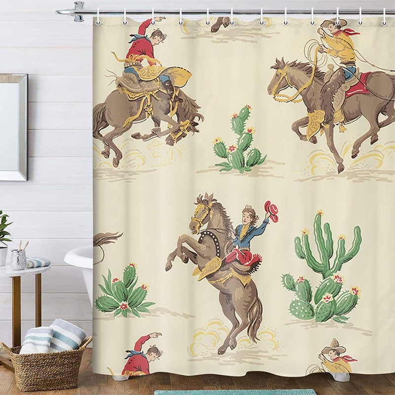 VeiVian VeiVian Western Cowboy Shower Curtain Western Cowboy Riding Horse in Wild Tropical Cactus Desert Shower Curtain for Bathroom Fabric Polyester Farmhouse Shower Curtain 12PCS Hooks 70X70IN 