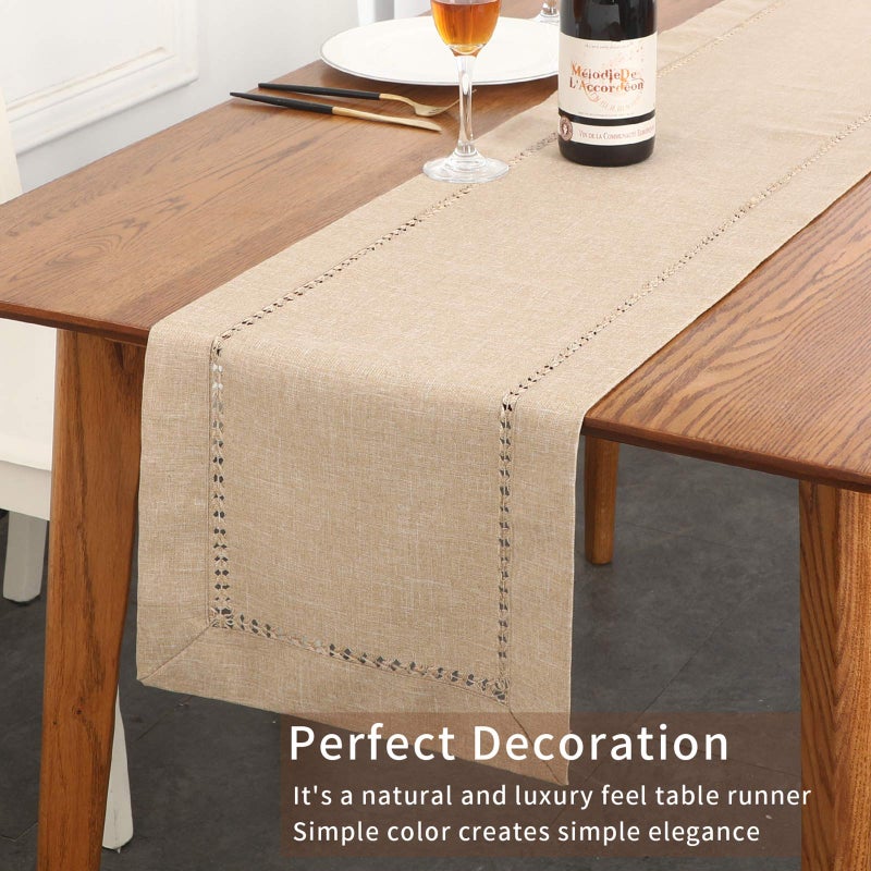 Tosewever Decorative Hemstitch Linen Table Runner Farmhouse Style Tabletop Collection Handcrafted Table Runners for Everyday Dining Wedding Party Holiday Home Decor (14 x 72 Inches  Light Coffee) - Image 3