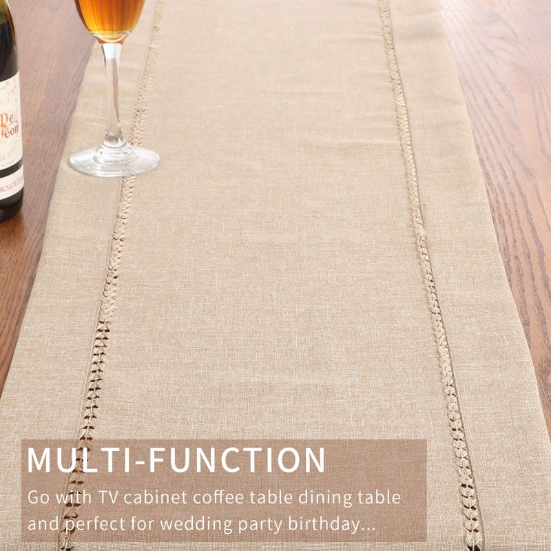 Tosewever Decorative Hemstitch Linen Table Runner Farmhouse Style Tabletop Collection Handcrafted Table Runners for Everyday Dining Wedding Party Holiday Home Decor (14 x 72 Inches  Light Coffee) - Image 4
