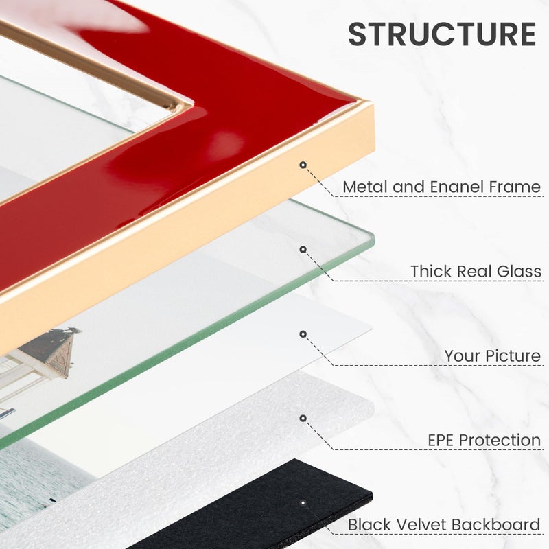 Venusmiles 5x7 Enamel Picture Frame  Gold Metal Edge with Easel  Real Glass Photo Frame for Wall and Tabletop Display Family Office Photo Gallery  Red Enamel/1pc - Image 3