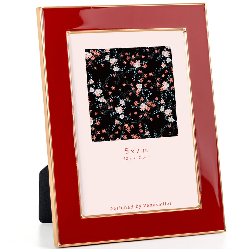Venusmiles 5x7 Enamel Picture Frame  Gold Metal Edge with Easel  Real Glass Photo Frame for Wall and Tabletop Display Family Office Photo Gallery  Red Enamel/1pc - Image 1