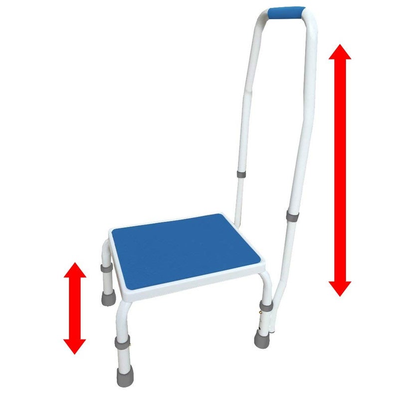 Platinum Health Platinum Health AdjustaSteptm Deluxe Step StoolFootstool with HandleHandrail Height Adjustable 2 Products in 1 Modern WhiteBlue Design Padded NonSlip Handle 300 lb Capacity