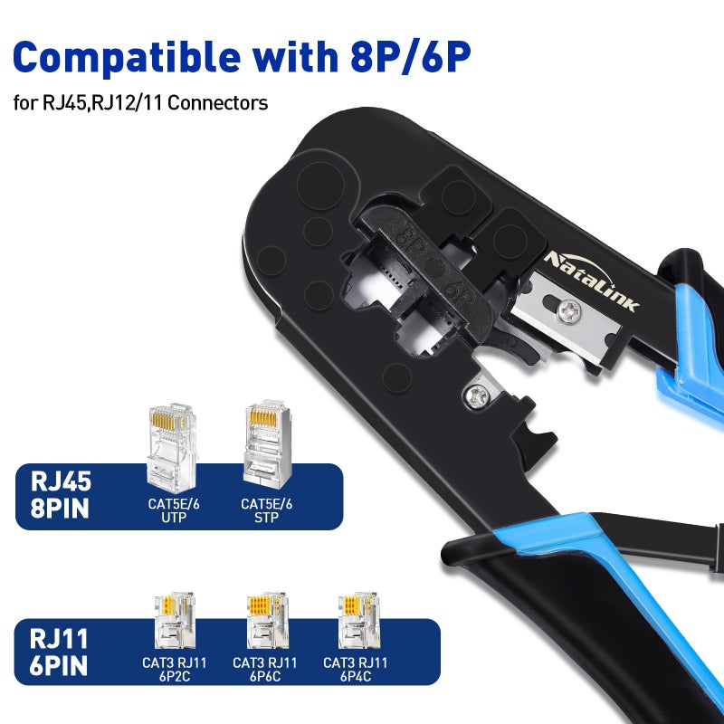 NataLink RJ45 Crimp Tool Ethernet Crimper Tool Kit Cat 6 Cat 5E Cat 5 Crimping Tool with Network Cable Tester, Wire Cutter Pliers, Mini Cable Stripper, 50 Pcs Cat 5E Connector and Strain Relief Boots - Image 4
