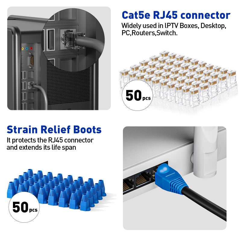 NataLink RJ45 Crimp Tool Ethernet Crimper Tool Kit Cat 6 Cat 5E Cat 5 Crimping Tool with Network Cable Tester, Wire Cutter Pliers, Mini Cable Stripper, 50 Pcs Cat 5E Connector and Strain Relief Boots - Image 5