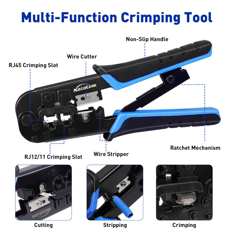 NataLink RJ45 Crimp Tool Ethernet Crimper Tool Kit Cat 6 Cat 5E Cat 5 Crimping Tool with Network Cable Tester, Wire Cutter Pliers, Mini Cable Stripper, 50 Pcs Cat 5E Connector and Strain Relief Boots - Image 2