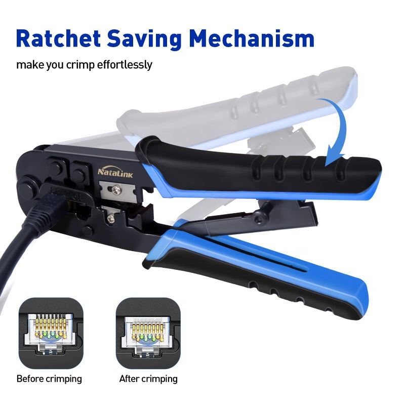 NataLink RJ45 Crimp Tool Ethernet Crimper Tool Kit Cat 6 Cat 5E Cat 5 Crimping Tool with Network Cable Tester, Wire Cutter Pliers, Mini Cable Stripper, 50 Pcs Cat 5E Connector and Strain Relief Boots - Image 3