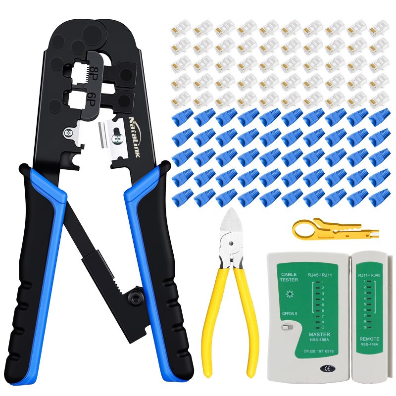 NataLink RJ45 Crimp Tool Ethernet Crimper Tool Kit Cat 6 Cat 5E Cat 5 Crimping Tool with Network Cable Tester, Wire Cutter Pliers, Mini Cable Stripper, 50 Pcs Cat 5E Connector and Strain Relief Boots - Image 1