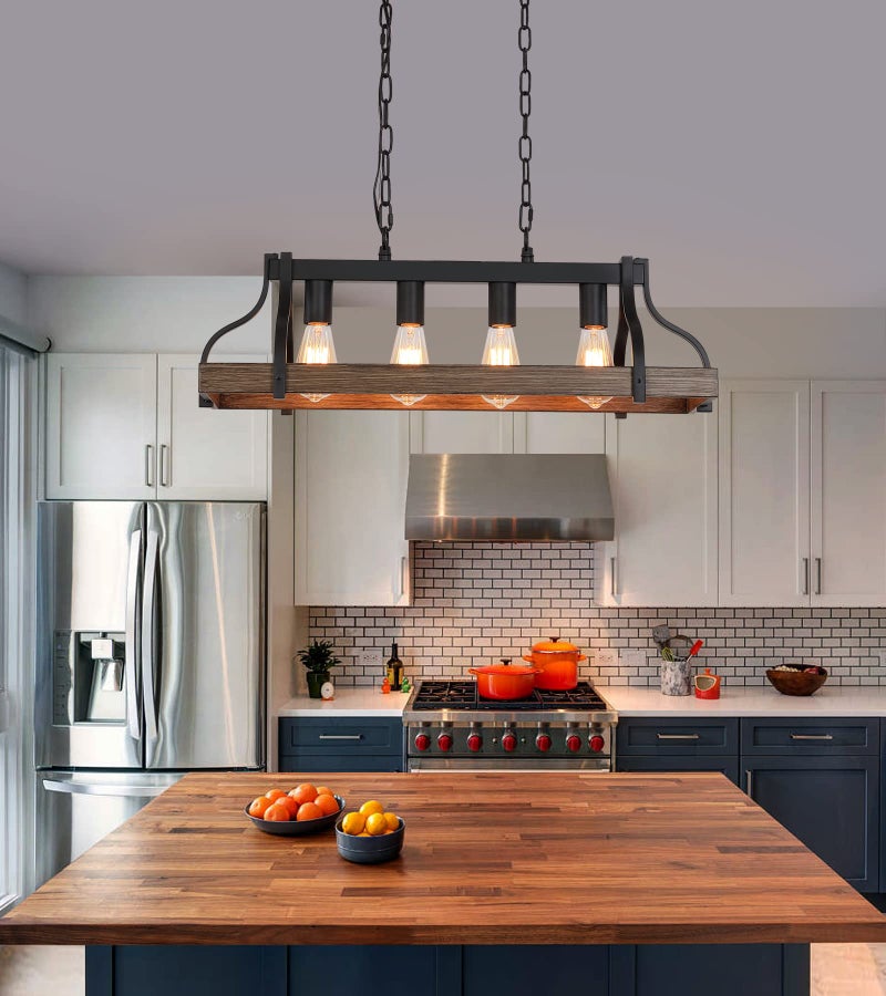 MEIXISUE Rustic Kitchen Island Dining Room Light Fixture Farmhouse Linear Chandelier Black and Retro Wood Finish 4-Light Industrial Metal Hanging Pendant Light UL Listed L28.3 W10.6 - Image 5