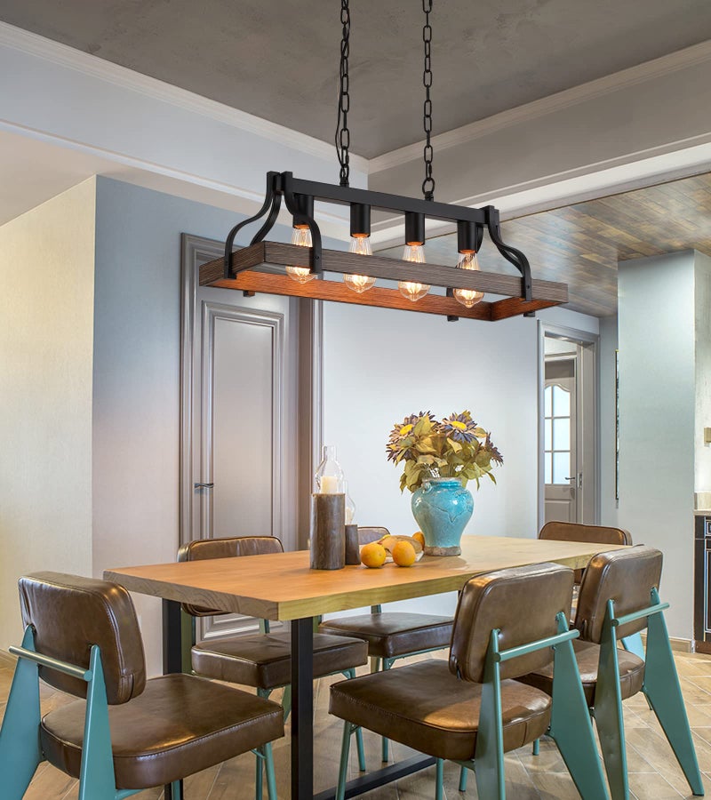 MEIXISUE Rustic Kitchen Island Dining Room Light Fixture Farmhouse Linear Chandelier Black and Retro Wood Finish 4-Light Industrial Metal Hanging Pendant Light UL Listed L28.3 W10.6 - Image 4