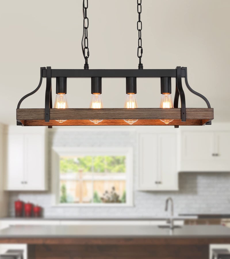 MEIXISUE Rustic Kitchen Island Dining Room Light Fixture Farmhouse Linear Chandelier Black and Retro Wood Finish 4-Light Industrial Metal Hanging Pendant Light UL Listed L28.3 W10.6 - Image 1