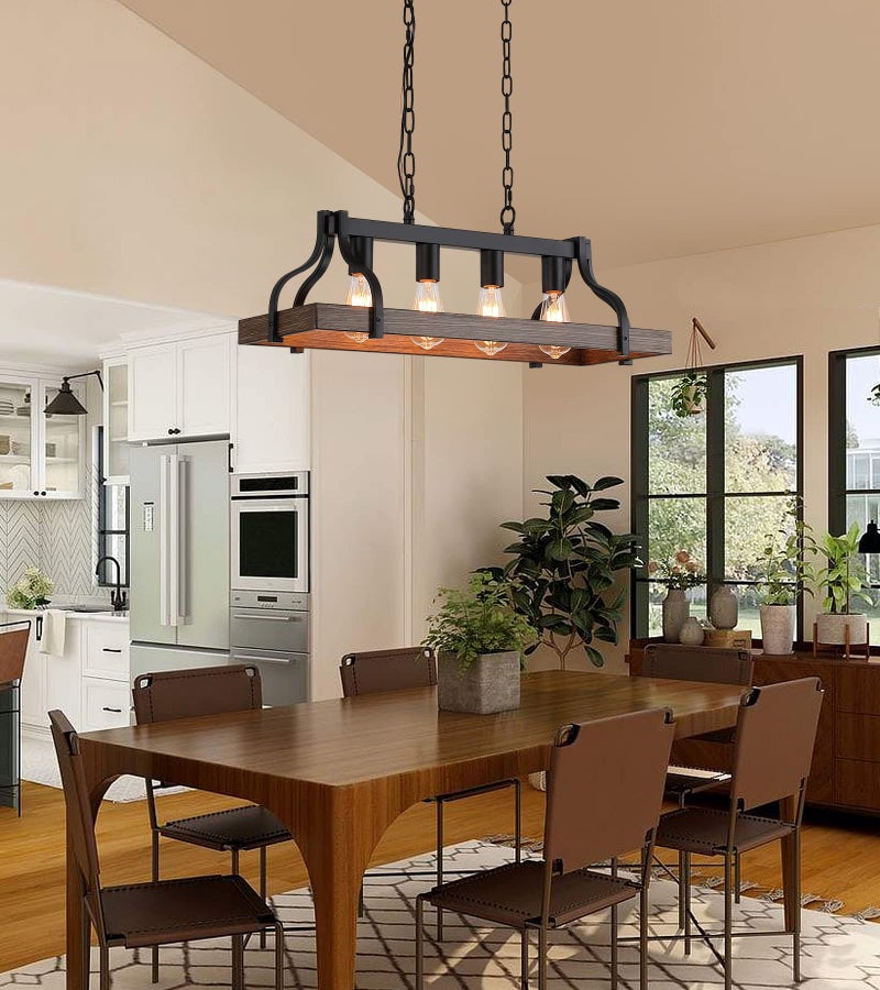 MEIXISUE Rustic Kitchen Island Dining Room Light Fixture Farmhouse Linear Chandelier Black and Retro Wood Finish 4-Light Industrial Metal Hanging Pendant Light UL Listed L28.3 W10.6 - Image 2