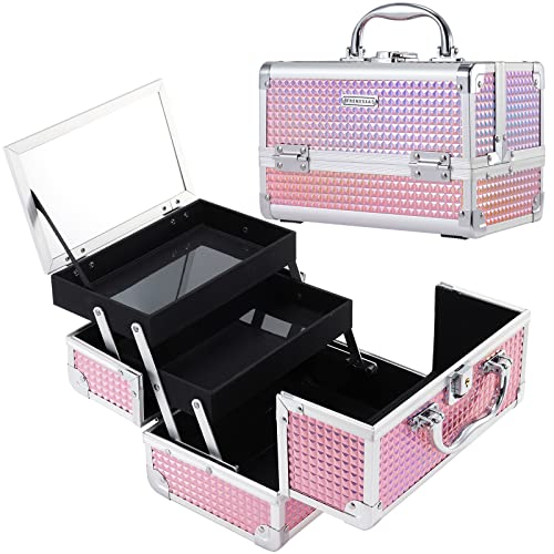FRENESSA Makeup Box Organizer Portable Cosmetic Train Case Travel Makeup Case with Mirror Locking Make Up Cases Organizers and Storage for Girls Nail Supplies Hard Cosmetic Box Pink