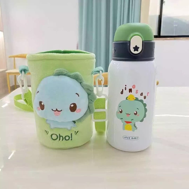 CherryBox Creative Cute Cartoon Plush Cloth Cover Thermos for Kids 316 Stainless Steel 500ml Double Wall Insulated (Green) - Image 1