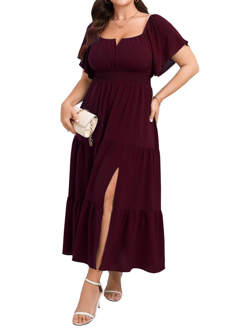 SCOMCHIC Womens Plus Size Maxi Dress Formal Short Sleeve Square Neck Smocked Side Split Flowy A Line Tiered Long Dress Burgundy - Image 1