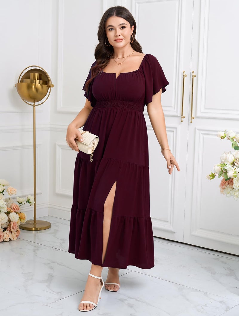 SCOMCHIC Womens Plus Size Maxi Dress Formal Short Sleeve Square Neck Smocked Side Split Flowy A Line Tiered Long Dress Burgundy - Image 5