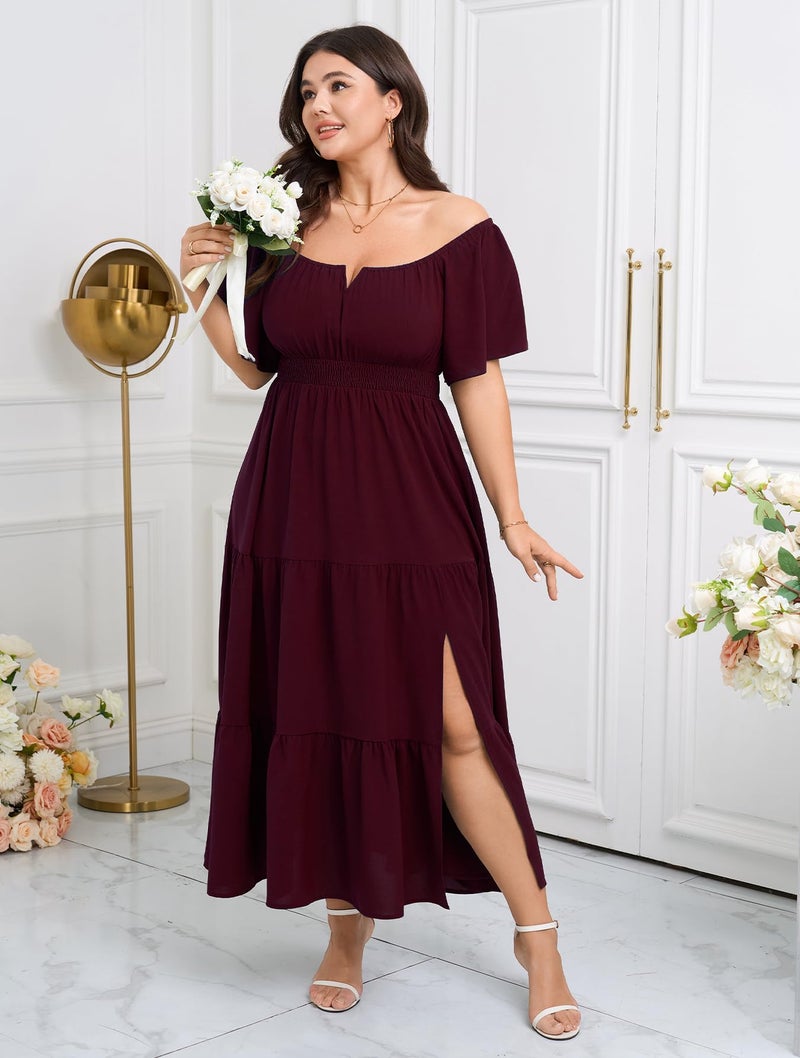 SCOMCHIC Womens Plus Size Maxi Dress Formal Short Sleeve Square Neck Smocked Side Split Flowy A Line Tiered Long Dress Burgundy - Image 3