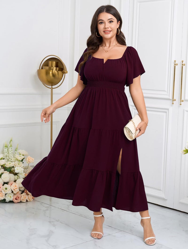 SCOMCHIC Womens Plus Size Maxi Dress Formal Short Sleeve Square Neck Smocked Side Split Flowy A Line Tiered Long Dress Burgundy - Image 2