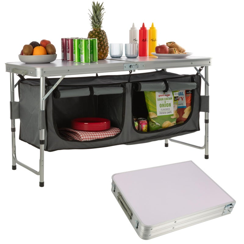 Wakeman Folding Camping Table with Storage - Lightweight and Portable Aluminum Camp Table with Adjustable Height for Outdoor Travel, Beach, BBQ, Party, Picnic, and Glamping by Wakeman Outdoors - Image 1