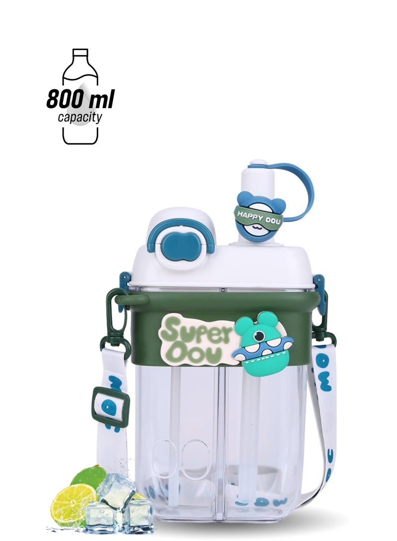 NIBEMINENT SYOSI Lovely Water Bottle with Straw, Kawaii Portable Large Capacity Bottle, 27oz/800ml Double Chamber Jug Adjustable Strap for Kids School Travel Camping Sports (White) - Image 1