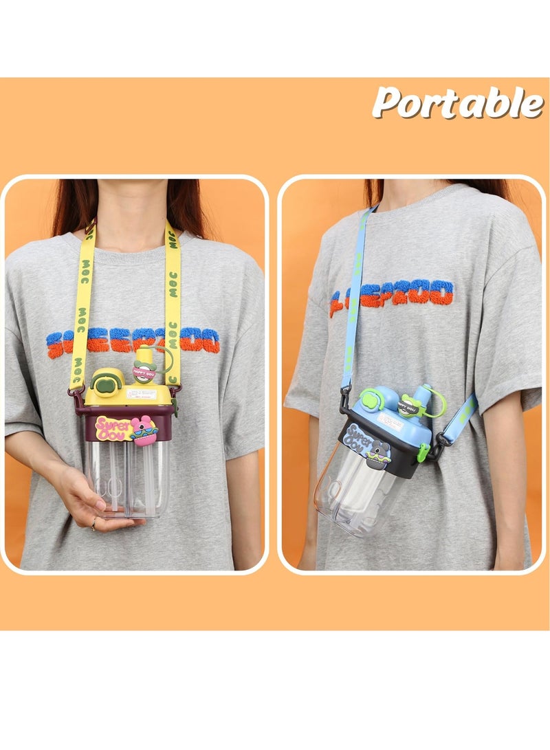 NIBEMINENT SYOSI Lovely Water Bottle with Straw, Kawaii Portable Large Capacity Bottle, 27oz/800ml Double Chamber Jug Adjustable Strap for Kids School Travel Camping Sports (White) - Image 4