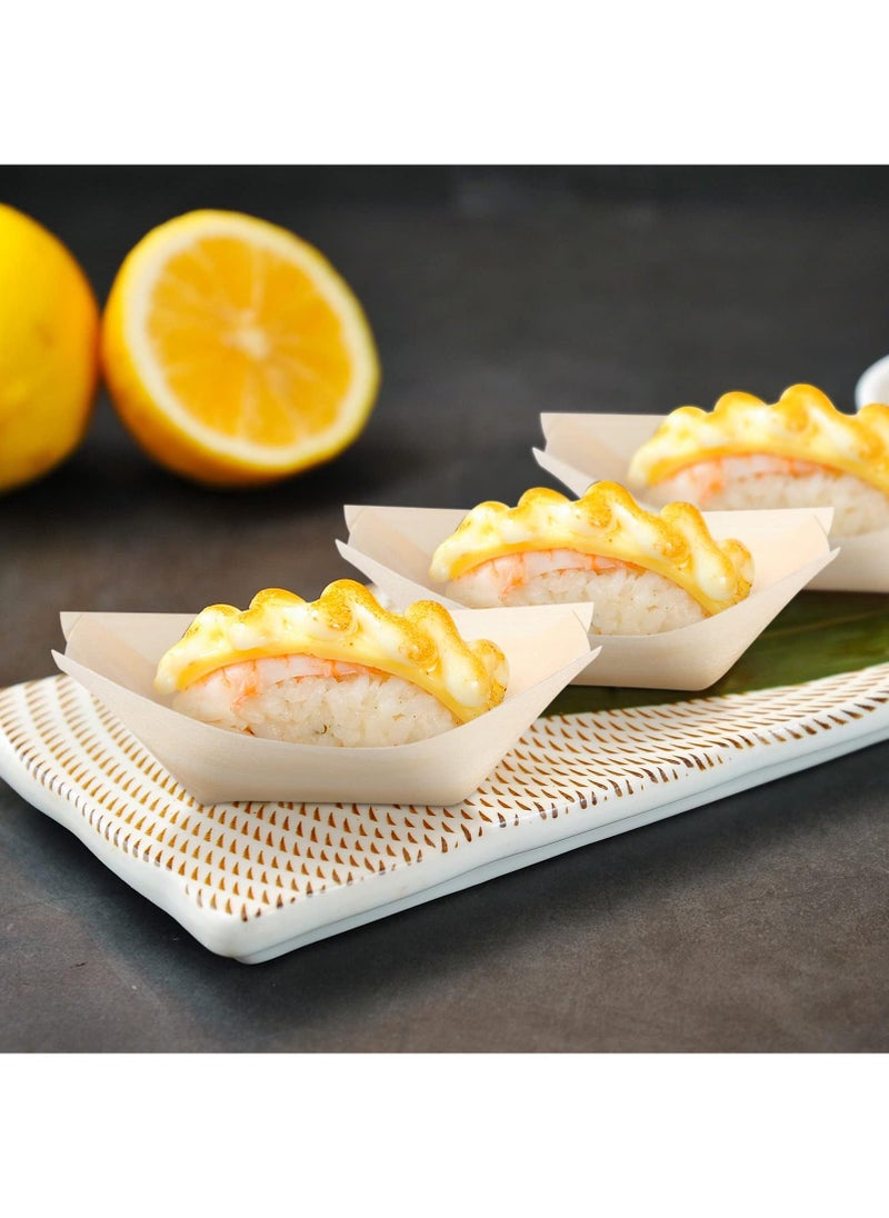 Sweet seven Bamboo Wooden Boat Plates Set - 50 Mini Sushi Boat Serving Trays for Catering & Home Use - Eco-Friendly Bamboo Leaf Food Containers - Ideal for Sushi & More - 3.3x2.3 inches  - Image 2