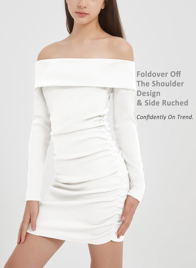 EXARUS Girls Long Sleeve Sweater Dress Bodycon Off Shoulder/Scoop Neck Ruched Ribbed Knit Tight Pencil Mini Dresses, Off Shoulder White, 12 Years - Image 3