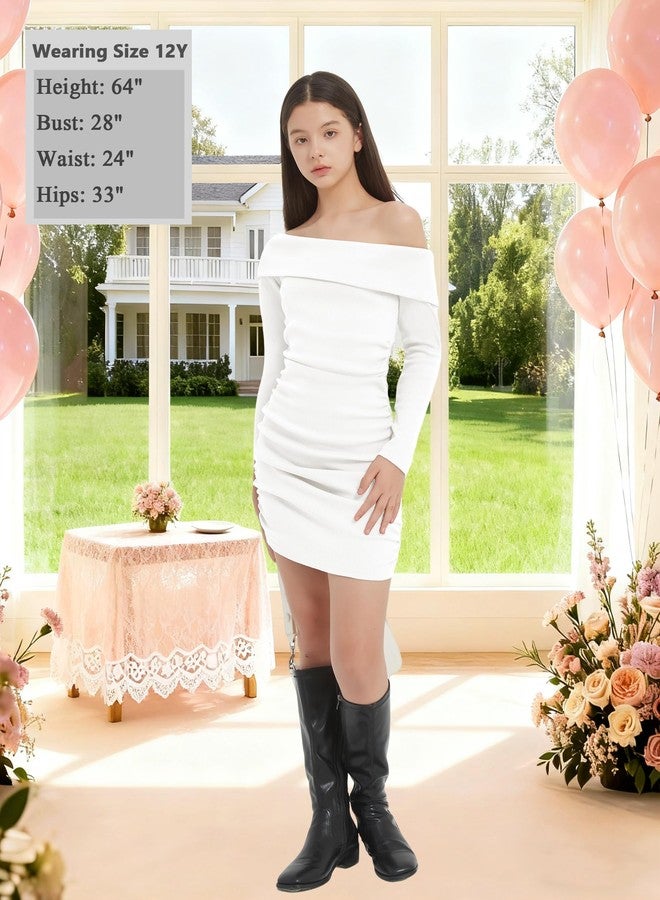 EXARUS Girls Long Sleeve Sweater Dress Bodycon Off Shoulder/Scoop Neck Ruched Ribbed Knit Tight Pencil Mini Dresses, Off Shoulder White, 12 Years - Image 2