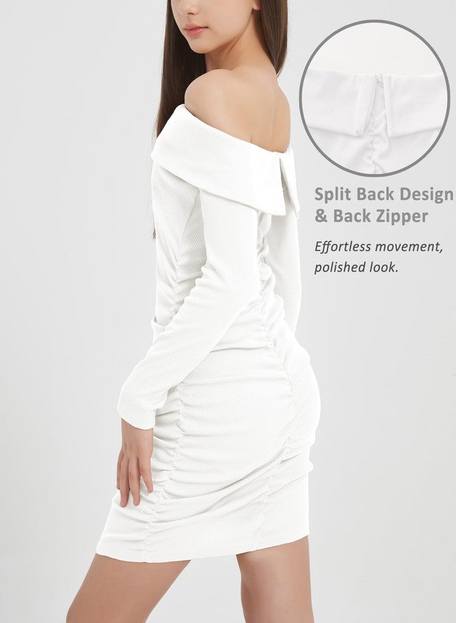 EXARUS Girls Long Sleeve Sweater Dress Bodycon Off Shoulder/Scoop Neck Ruched Ribbed Knit Tight Pencil Mini Dresses, Off Shoulder White, 12 Years - Image 4