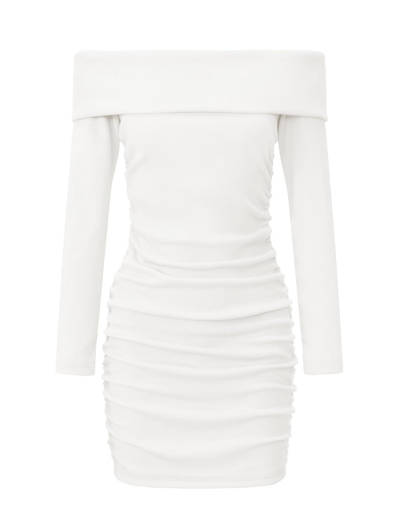 EXARUS Girls Long Sleeve Sweater Dress Bodycon Off Shoulder/Scoop Neck Ruched Ribbed Knit Tight Pencil Mini Dresses, Off Shoulder White, 12 Years - Image 1