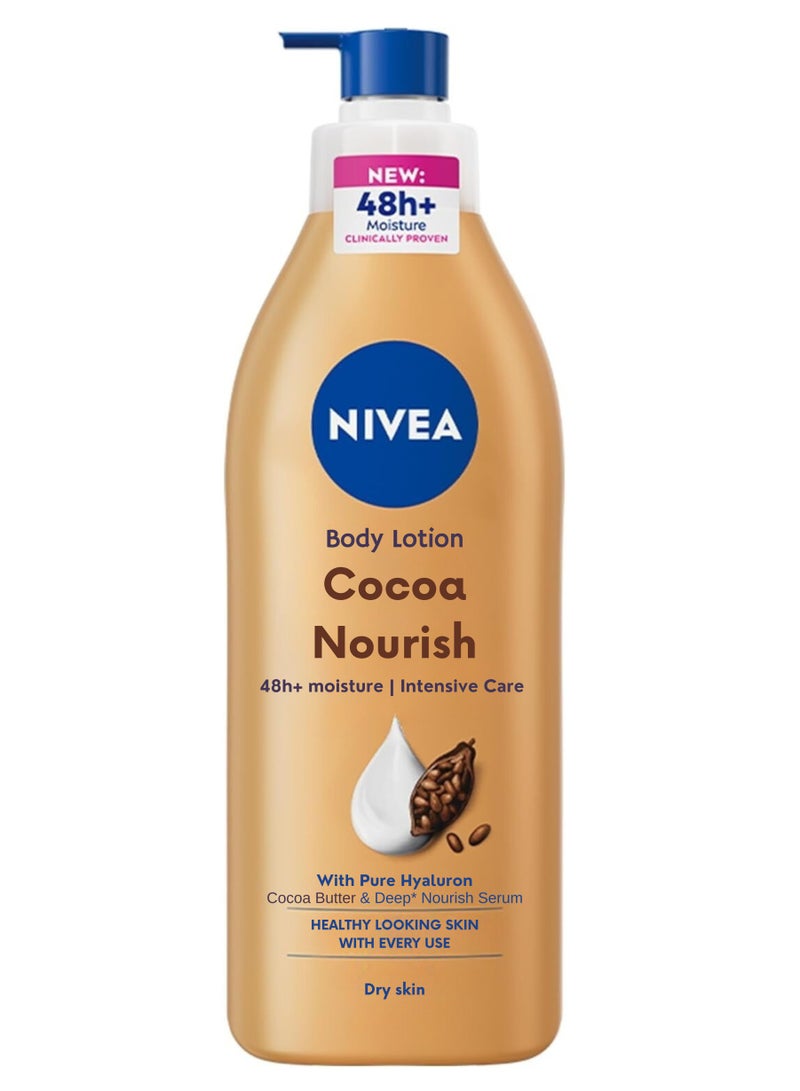 Nivea لوشن الجسم كاكاو نورش 48 ساعة+ ترطيب مكثف مع حمض الهيالورونيك النقي وزبدة الكاكاو وسيروم التغذية العميقة للبشرة الجافة 400 مل - Image 1