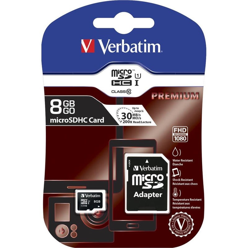 Verbatim 8GB Premium microSDHC Memory Card with Adapter UHS-I V10 Class 10 supports Full HD (1080p) U1 speed rated Up to 80MB/s read speed