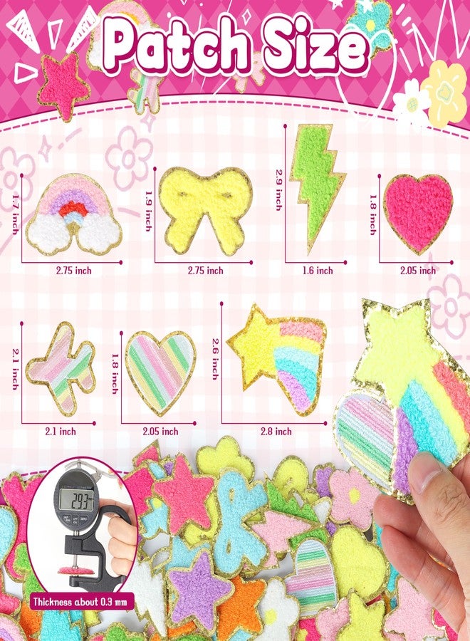 NICEVINYL Self-Adhesive Chenille Patches for Girly Bags: NICEVINYL 116PCS Multicolor Flower Star Heart Cute Patch Embroidered Stick on - Lighting Rainbow Sticker Applique for Clothing Fabric Backpack Decor - Image 2