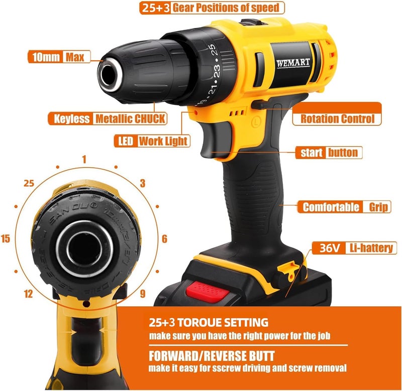 WEMART 128 Piece Power Tools Kit With 36V Cordless Drill, 25+3 Clutch With Impact, Professional Household Home Tool Kit Set With Diy Hand Tool Kits For Garden Office House Repair Maintain - Image 3