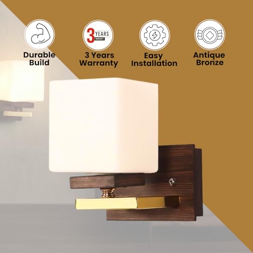 ELIANTE Key Wood and Iron Wall Light | Glass Wall Lamp for Living Room, Bedroom, | 3 Years Warranty | Free - LED LAMP - Image 2