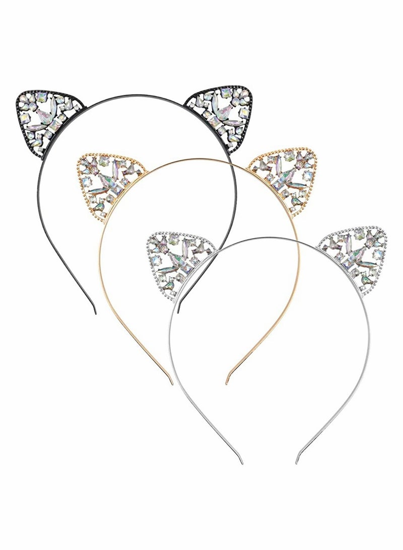 Zikra 3 Pieces Crystal Cat Ears Headbands Rhinestone Hair Hoop Women Girls Kids Party Decoration Headdress Cosplay Costume Head Wear - Image 1