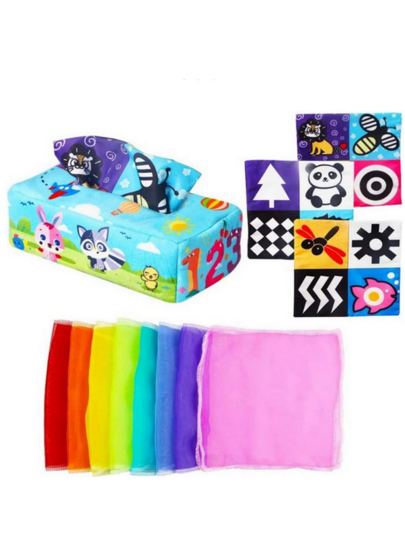 للأطفال من 0 إلى 18 شهرًا - صندوق مناديل حسّي ناعم - لعبة للأطفال الصغار لممارسة التمارين بالأصابع - نشاط تنموي مبكر - ألعاب حسّية مهدئة لتطوير الذكاء - ألعاب تعليمية ملونة وإبداعية عملية للأطفال الرضع - Image 1