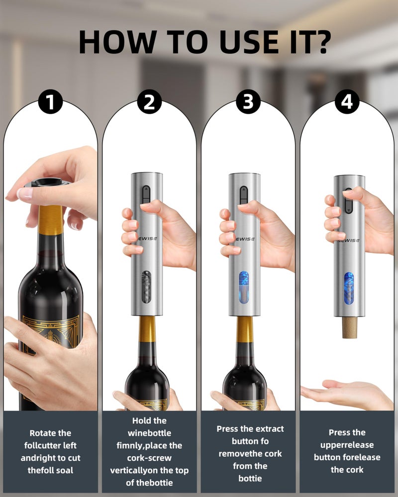 Newise Rechargeable Electric Wine Gift Set: Wine Opener, Aerator, Vacuum Stoppers & Foil Cutter - Wine Lovers Gifts for Women Men - Christmas & White Elephant Gifts - Image 2