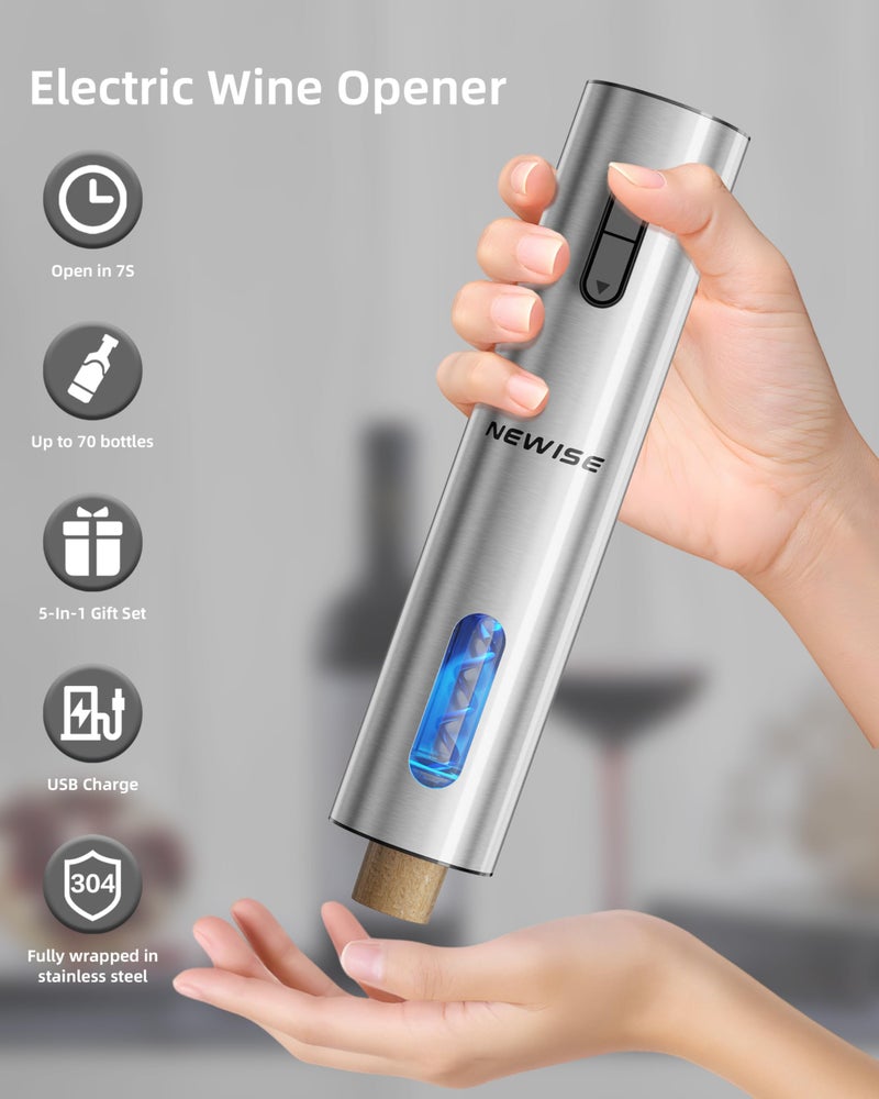 Newise Rechargeable Electric Wine Gift Set: Wine Opener, Aerator, Vacuum Stoppers & Foil Cutter - Wine Lovers Gifts for Women Men - Christmas & White Elephant Gifts - Image 5