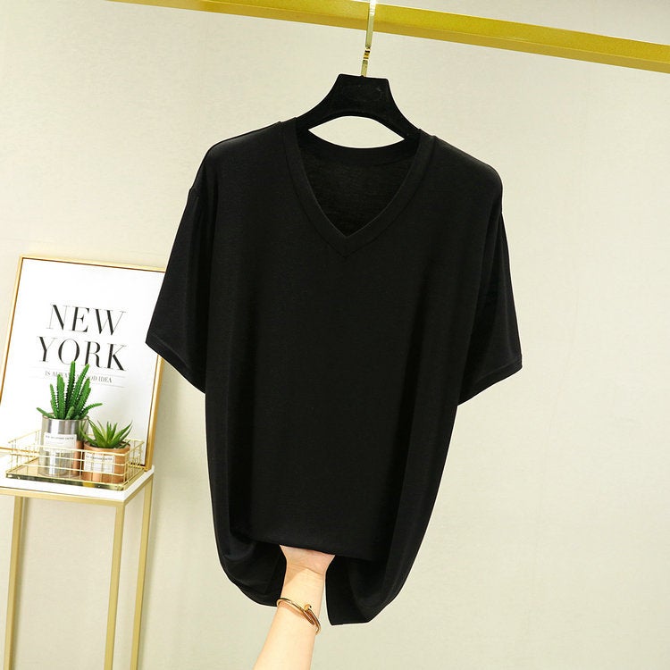 2024 Modal Short-Sleeved T-Shirt Men's Summer Thin Loose Large Size Plus Fat V Neck Bottoming Shirt Outer Half-Sleeved Top - Image 1