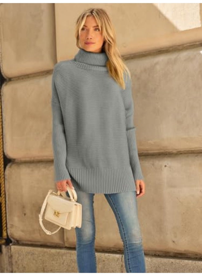 NIBEMINENT Women's Oversized Turtleneck Sweaters Fall Batwing Sleeve Ribbed Tunic Sweater - Image 2