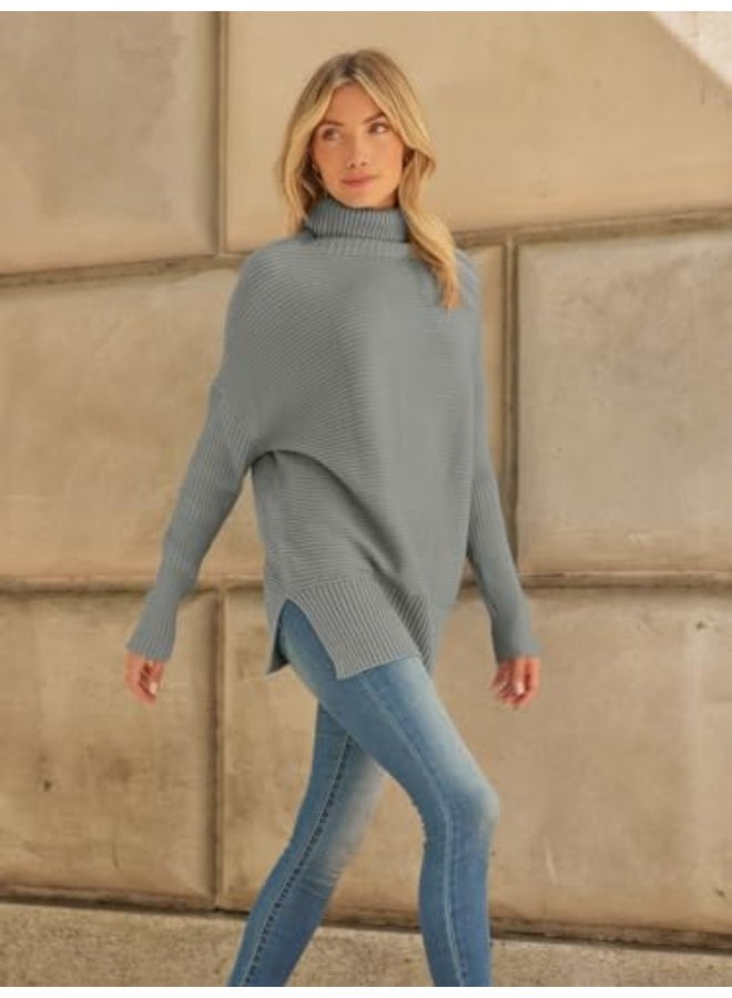 NIBEMINENT Women's Oversized Turtleneck Sweaters Fall Batwing Sleeve Ribbed Tunic Sweater - Image 5