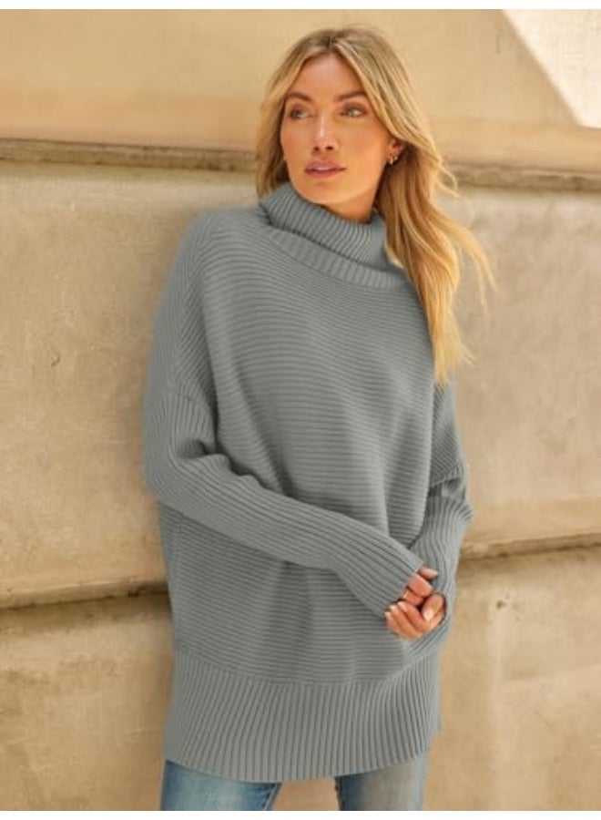 NIBEMINENT Women's Oversized Turtleneck Sweaters Fall Batwing Sleeve Ribbed Tunic Sweater - Image 4