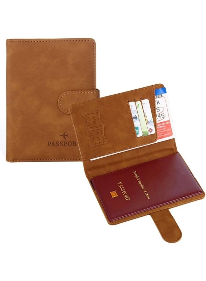 Passport Case, Skimming Prevention, Card Storage, Men, Women, Holder, Travel Wallet, Anti-Skimming, For Safe Overseas Travel, Premium PU Leather Passport Cover (Brwon)
