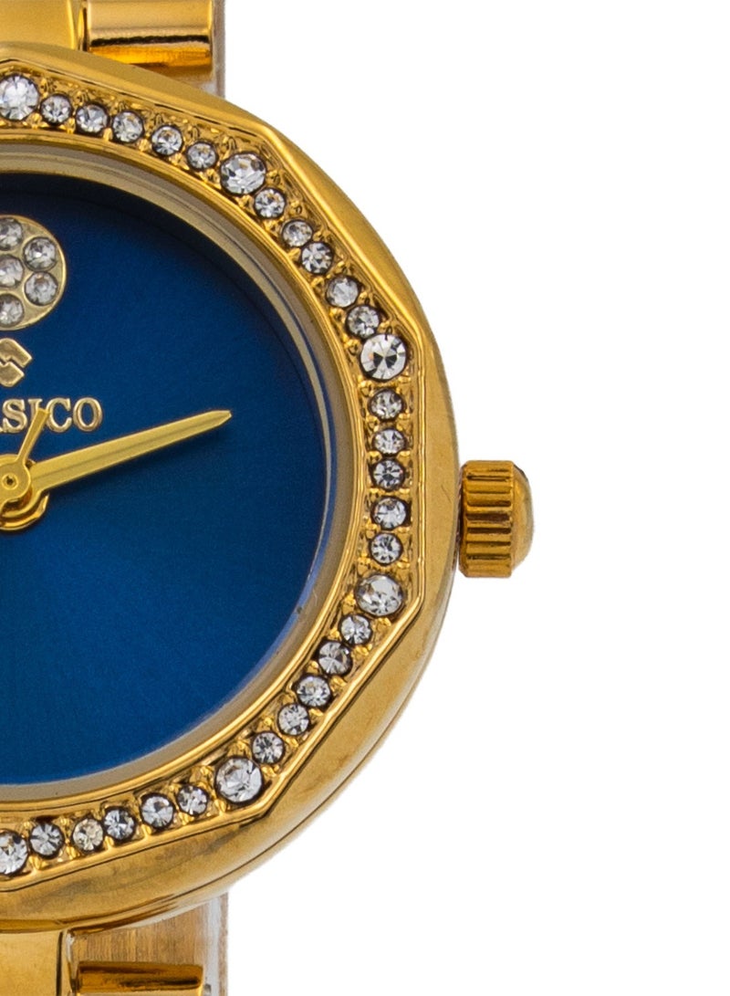 Clasico 🌟 ساعة زينة النسائية التناظرية - حزام معدني ذهبي ⌚ قرص أزرق عميق ✨ إطار ذهبي مزين بالكريستالات - ساعة فاخرة عصرية - Image 2
